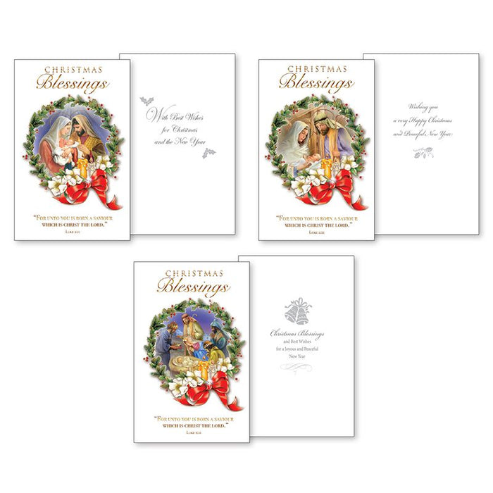 10 Small Christmas Cards, Christmas Blessings Nativity Scenes, 3 Designs 13.5cm High