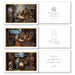 Three Christmas greeting cards shown side by side, each with a colorful nativity scene on the left and a white right panel with elegant holiday text and decorative line art.