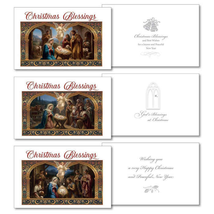Three New Year's Christmas greeting cards shown in a clean product layout. Each card features a front with a colorful religious nativity scene under an ornate gold arch and the words 'Christmas Blessings' in red script, paired with a white back displaying elegant gray text and decorative line art.