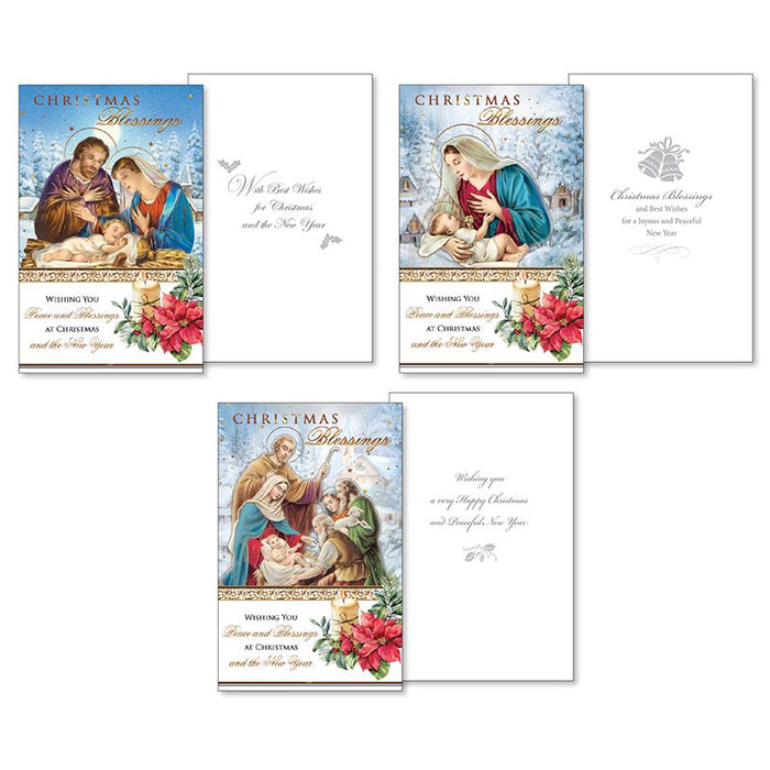 15% OFF 10 Small Christmas Cards, Christmas Blessings Traditional Snowy Nativity Scenes, 3 Designs 13.5cm High