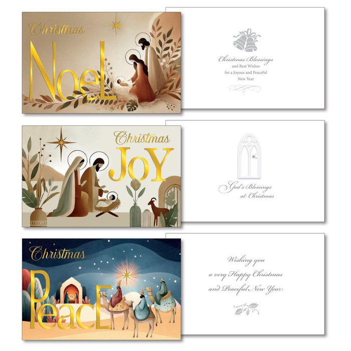 10 Small Christmas Cards, Christmas Noel, Joy and Peace - 3 Different Designs - Size 13.5cm Wide