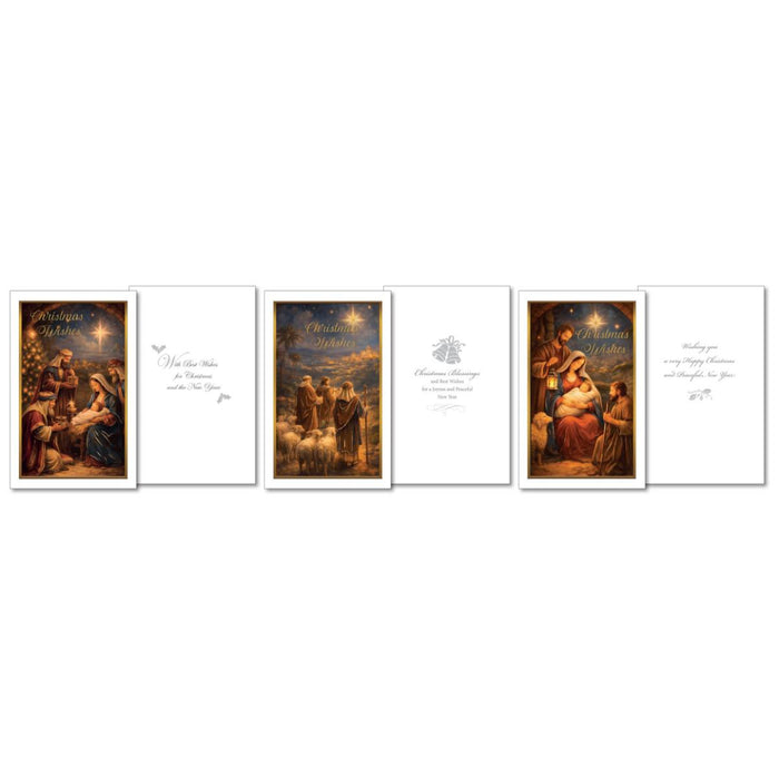 A set of three Christmas greeting cards arranged horizontally on a plain white background. Each card set includes a front with a classical religious painting, an inner panel with elegant script text, and a back with a small crest and additional text.