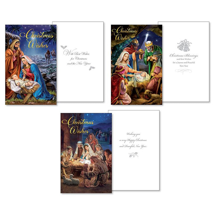 15% OFF 10 Small Christmas Cards, Christmas Wishes Traditional Holy Family Nativity Scenes, 3 Designs 13.5cm High