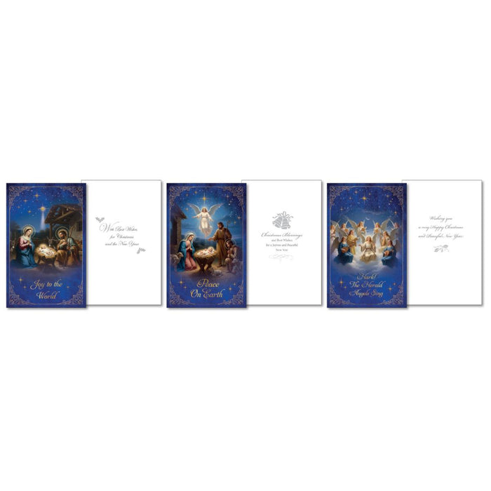 A set of four Christmas greeting cards arranged side by side on a white background. The cards feature rich blue borders with gold glitter details and illustrations of the Holy Family, angels, and the Three Wise Men, paired with clean white interior panels containing elegant gold text.