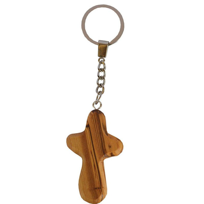 Olive Wood Cross Keyring with Metal Keyfob, Cross Size 6.5cm High Bulk Buy Discounts Available