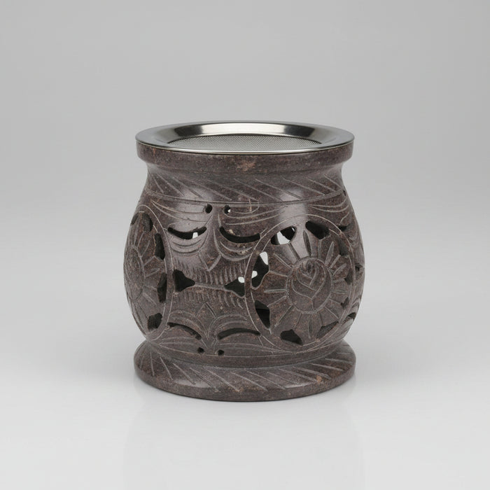 Soapstone Candlelight Burning Incense Burner, Floral Design 10cm / 4 Inches High