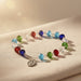 Colorful beaded bracelet on a wooden surface with a blurred indoor background