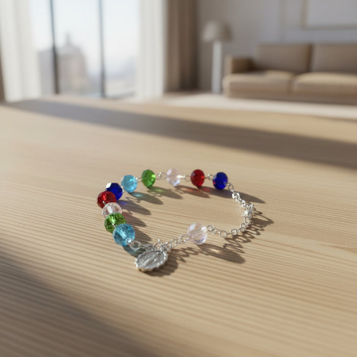 Multicoloured Tin Cut Crystal Glass Rosary Bracelet, With Miraculous Medal