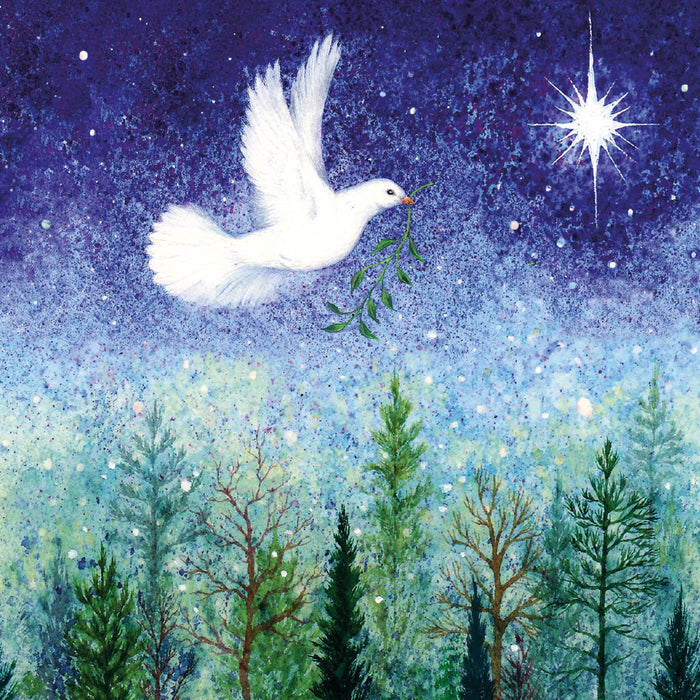 White dove holding mistletoe in a forest with a starry night sky