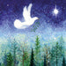 White dove holding mistletoe in a forest with a starry night sky