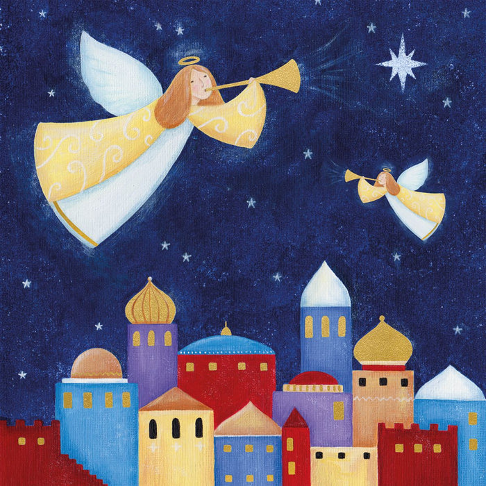 Illustration of two angels playing trumpets over a colorful cityscape at night.