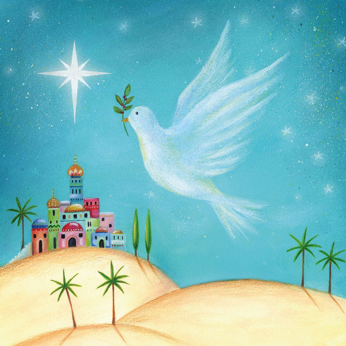 Dove with olive branch flying over a colorful village under a starry sky