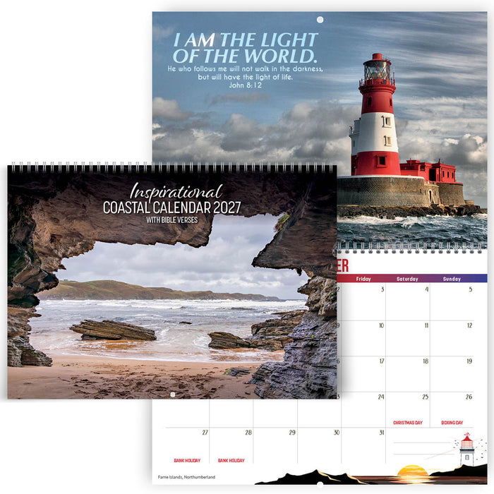 2027 Inspirational Coastal Calendar, With Bible Verses On Every Page, Size A4 When Closed