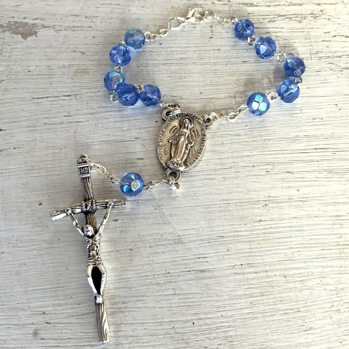 Blue Crystal Glass One Decade Rosary, With Miraculous Medal & Clasp