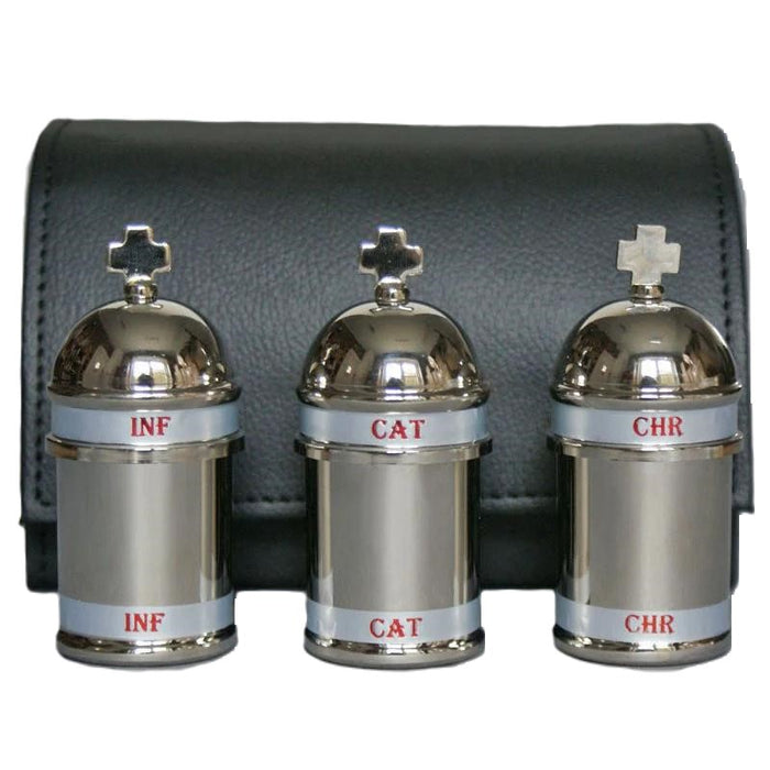 3 Holy Anointing Oil Bottles With Cross Shaped Finials, Complete With Leather Case
