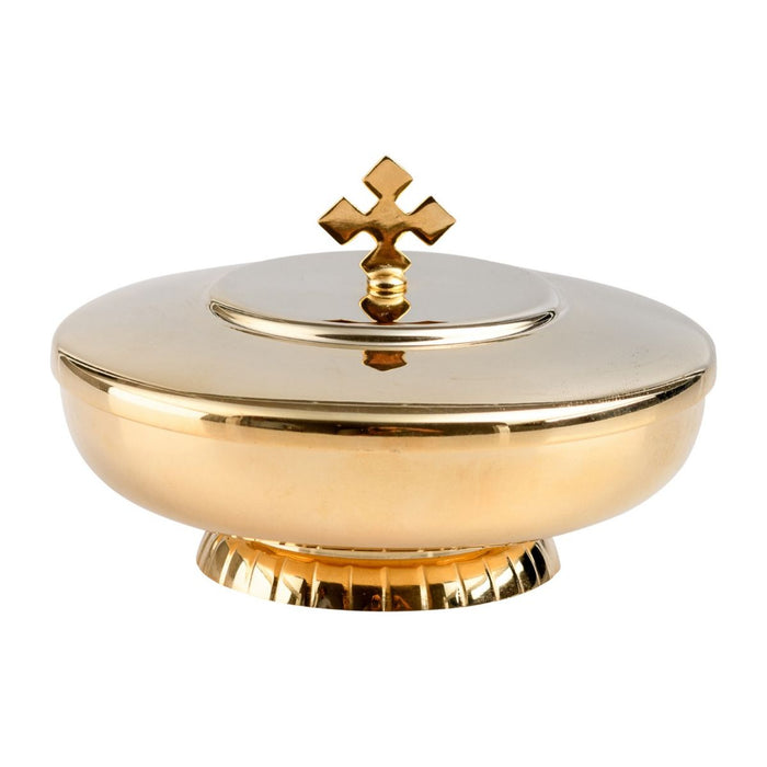 Ciborium With Cross Finial On The Lid, Gold Plated Brass Holds 100 Peoples Wafers 9.5cm / 3.75 Inches Diameter