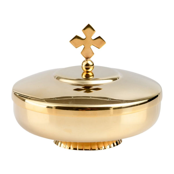 Ciborium With Cross Finial On The Lid, Gold Plated Brass Holds 200 Peoples Wafers 12cm / 4.75 Inches Diameter