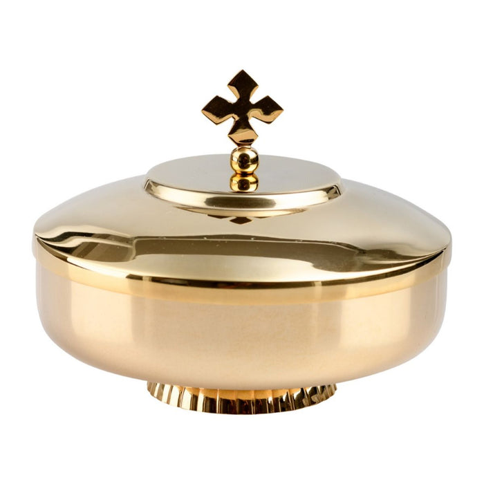 Ciborium With Cross Finial On The Lid, Gold Plated Brass Holds 400 Peoples Wafers 15cm / 6 Inches Diameter