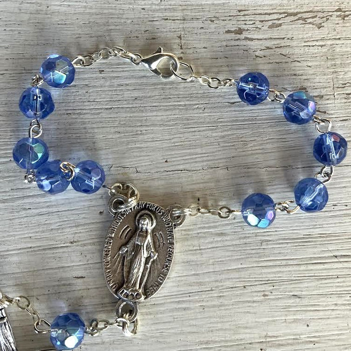 Blue Crystal Glass One Decade Rosary, With Miraculous Medal & Clasp