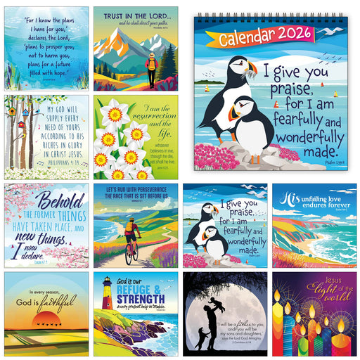 Collection of colorful calendar designs with various scenes and text.