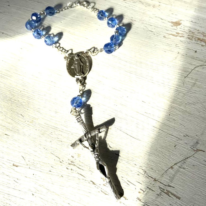 Blue Crystal Glass One Decade Rosary, With Miraculous Medal & Clasp