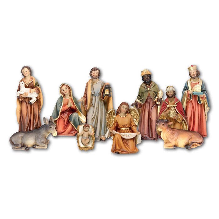 Nativity Crib Figures 11.5cm / 4.5 Inches High, Set of 11 Handpainted Muted Colour Resin Figures With Gold Highlights
