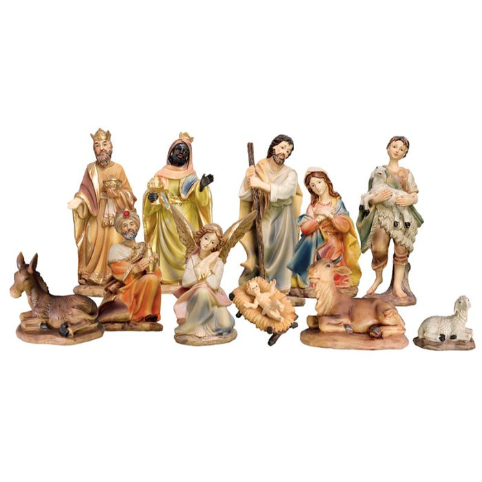 Nativity Crib Figures 20cm / 8 Inches High, Set of 11 Handpainted Resin Figures With Gold Highlights