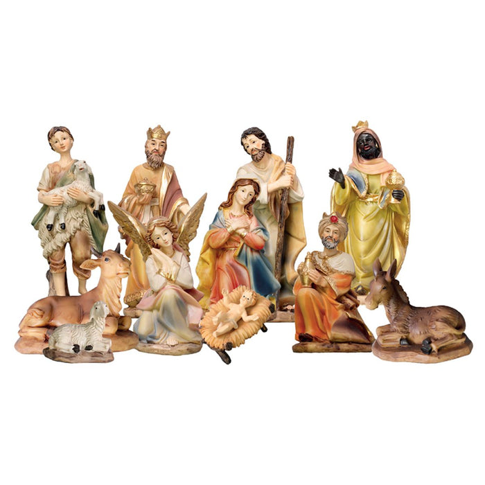 Nativity Crib Figures 25cm / 10 Inches High, Set of 11 Handpainted Resin Figures With Gold Highlights