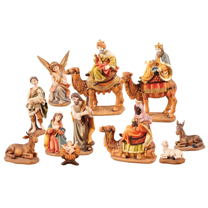 Nativity Crib Set, 11 Handpainted Resin Figures With The Kings Seated On Camels, 15cm / 6 Inches High and 49cm / 19Inches Wide Stable With LED Lights VERY LIMITED STOCK