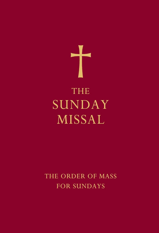 The Sunday Missal book cover featuring a deep red background with gold text and a gold Christian cross at the top center.