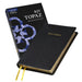 Black Bible with 'HOLY BIBLE' text and matching packaging on a white background