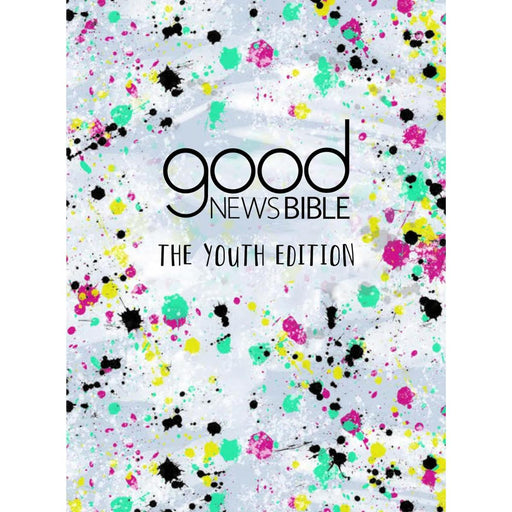Good News Bible Youth Edition cover with colorful splatter design on a white background