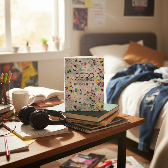 Good News Bible Youth Edition cover with colorful splatter design on a white background