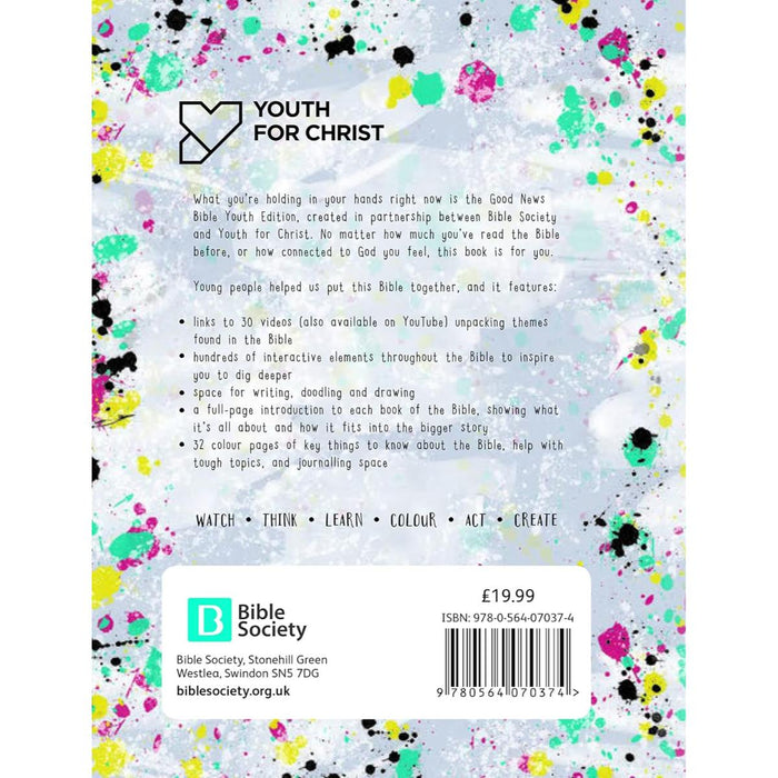 Back cover of a book with colorful splatter design and text about 'Youth for Christ' and 'Bible Society'.