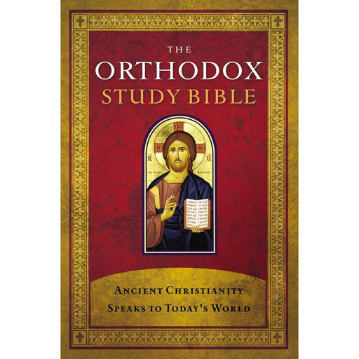 The Orthodox Study Bible book cover shown front-on against a plain white background. The cover has a deep red central field with a gold decorative border, white and gold title text, and a central icon illustration of Jesus in blue and gold tones.