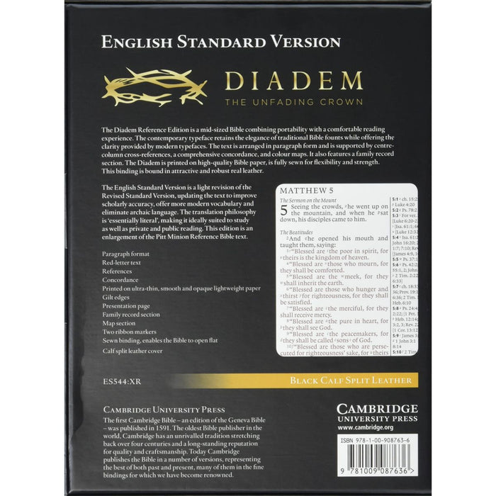 ESV Diadem Reference Edition, Black Calf Split Leather Red-letter Text, by Cambridge Bibles