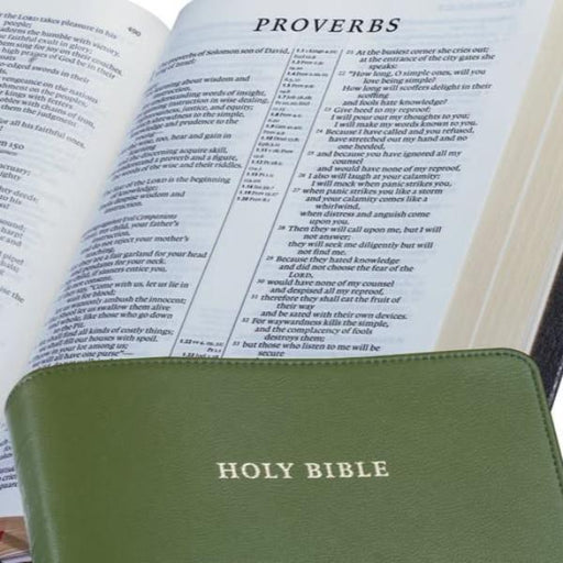 Open Bible showing Proverbs with a green cover