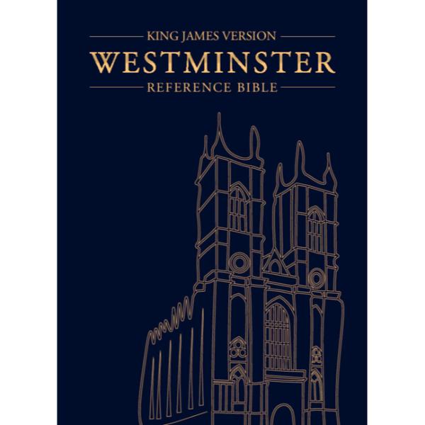 King James Version Westminster Reference Bible cover with cathedral illustration on a dark blue background