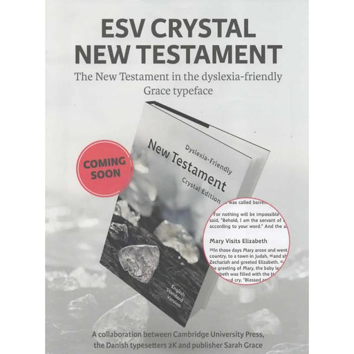 Advertisement for ESV Crystal New Testament with a gray background