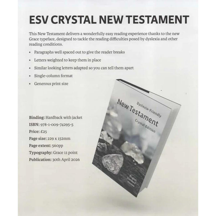 Advertisement for ESV Crystal New Testament with product details on a white background