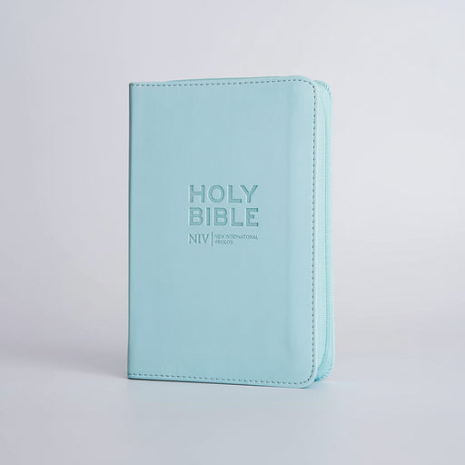 A pastel mint zip-around Holy Bible with 'HOLY BIBLE' and 'NIV' embossed on the front cover.