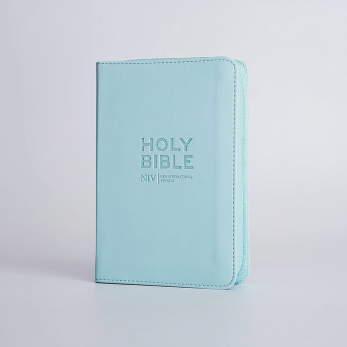 A pastel mint zip-around Holy Bible with 'HOLY BIBLE' and 'NIV' embossed on the front cover.