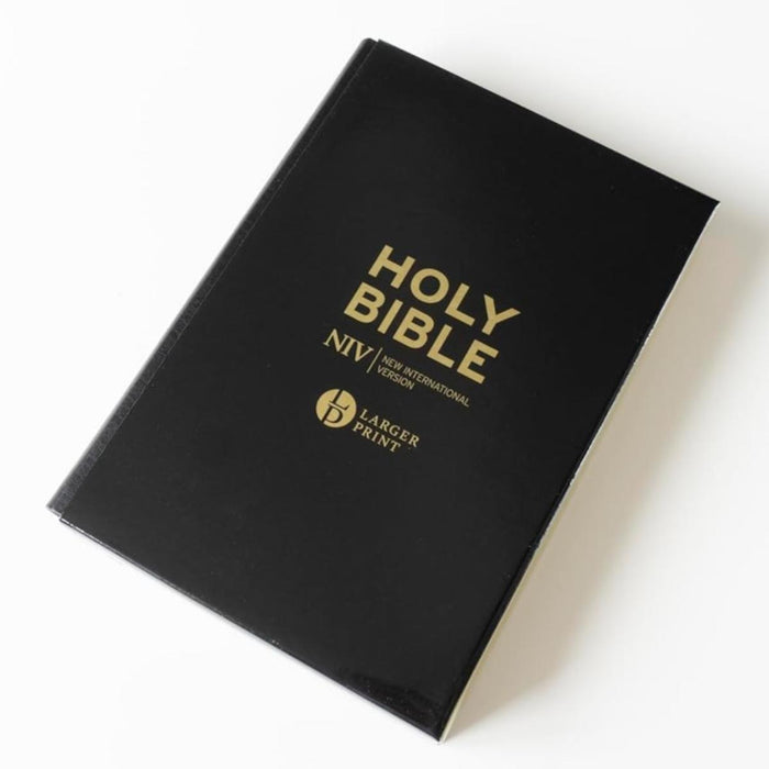 A black Holy Bible with gold lettering, showing the NIV (New International Version) and Larger Print editions, photographed on a clean white background.