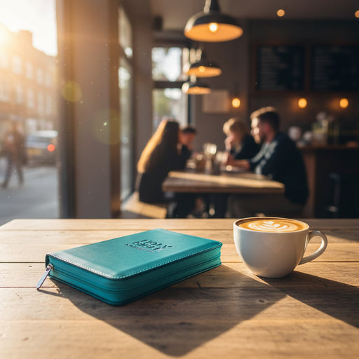 A cyanblue zippered NIV Compact Holy Bible book cover with debossed niv-pocket-cyan-soft-tone-bible-with-zip-british-text lettering.