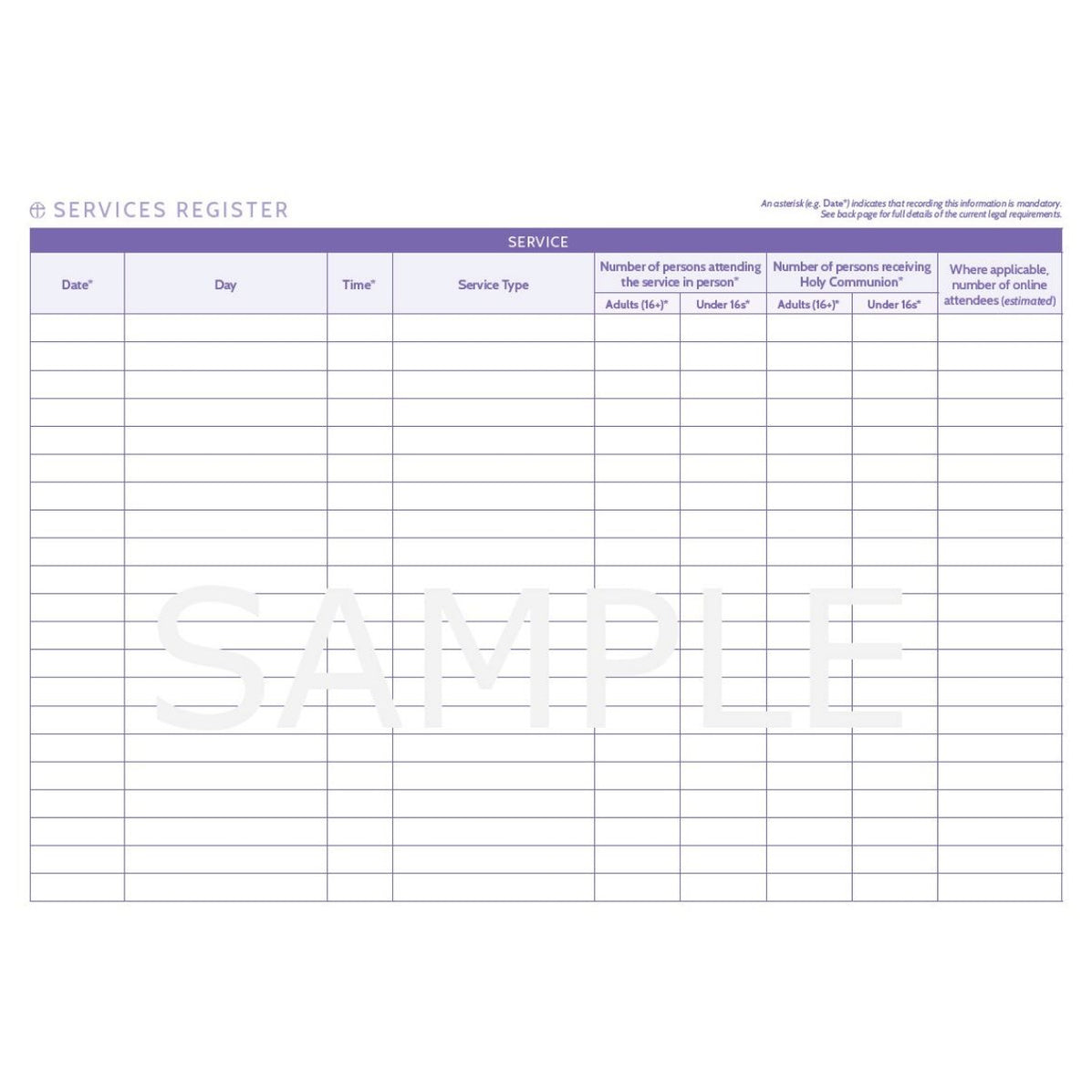 Service Register - Wide Landscape Format - Hardback A4 Size, by Church ...