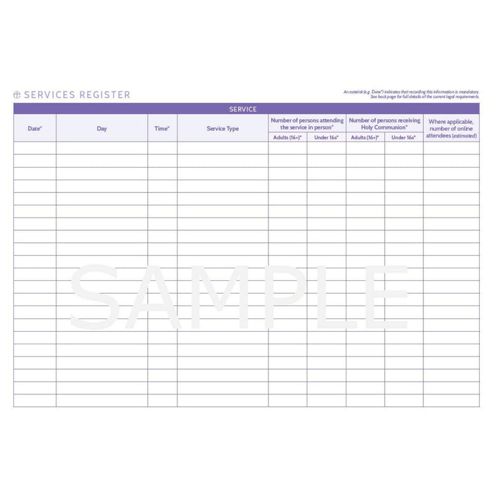Service Register - Wide Landscape Format - Hardback A4 Size, by Church ...