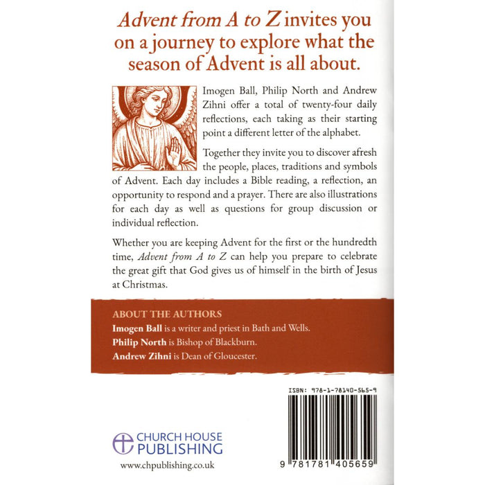 Back cover of the book 'Advent from A to Z' by Imogen Ball, Philip North, and Andrew Zihni, published by Church House Publishing. The cover features a white background with orange and brown text, a small illustration of the Virgin Mary in the top left, and a barcode at the bottom right.