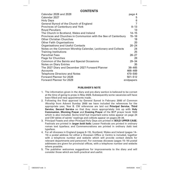 Table of contents page for a 2026-2028 calendar and diary, with a publisher's note at the bottom.