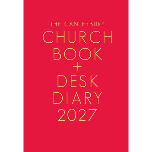 Red book cover with gold text 'The Canterbury Church Book + Desk Diary 2027' on a white background