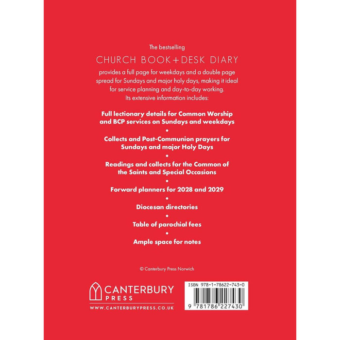 Red book back cover with text about a church book and desk diary, featuring Canterbury Press branding.